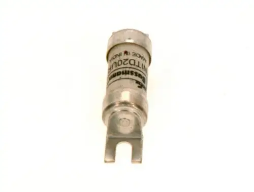 BOSCH elektrische Sicherung in zylindrischer Form mit Metallgehäuse und zwei Anschlüssen. Unkenntlich gemachte Beschriftung auf der Oberfläche.